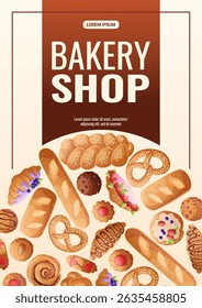 A design template for a bakery flyer. Various types of fresh pastries. The concept of confectionery, cooking, in. Vector illustration of A4 format for posters, banners