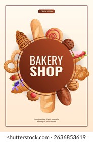 A design template for a bakery flyer. Various types of fresh pastries. The concept of confectionery, cooking, in. Vector illustration of A4 format for posters, banners