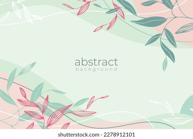 Design template banner with branches. Minimal background with elements and outline plant leaves. Simple botanical frame line art with abstract shape. Place for your text on layout