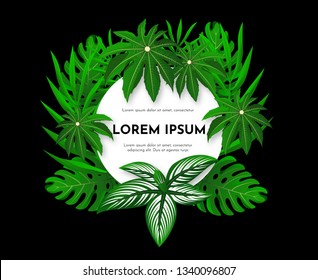 Design of template of banner, card with various tropical green leaves on black background. Vector illustration. As print, poster, invitation, business card of garden shop, store, summer party.