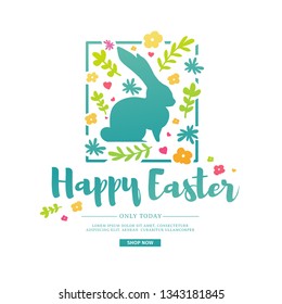 Design template banner for Happy Easter. Silhouettes of rabbit with simple floral, herb, plant decoration. Square card with logo for spring happy easter offer and sale. Vector.