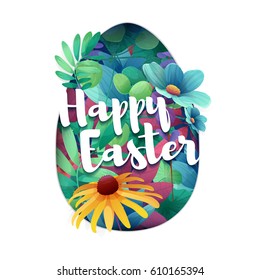 Design template banner for Happy Easter.  Silhouettes of egg with floral, herb, plant decoration. Card with logo for spring happy easter offer. Vector