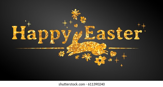 Design template banner for Happy Easter.   Silhouettes of rabbit with gold glitter texture decoration. Horizontal card on black background with logo for happy easter. Vector