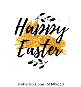 Design template banner for Happy Easter.   Silhouettes of rabbit with floral, herb, plant decoration.  Gold glitter texture. Square card with logo for spring happy easter offer. Vector