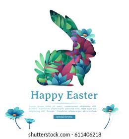 Design template banner for Happy Easter.   Silhouettes of rabbit with floral, herb, plant decoration. Square card with logo for spring happy easter offer. Vector