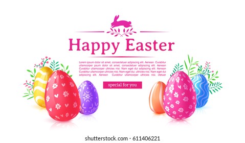 Design template banner for Happy Easter.  Poster decoration colored egg and flower. Horizontal card with logo for happy easter offer with silhouettes of rabbit .  Vector