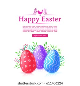 Design template banner for Happy Easter.  Poster decoration colored egg and flower. Square card with logo for happy easter offer with silhouettes of Chick. Vector