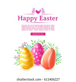 Design template banner for Happy Easter.  Poster decoration colored egg and flower. Square card with logo for happy easter offer with silhouettes of chick. Vector