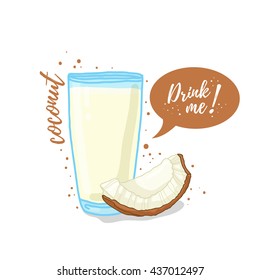 Design Template banner, poster, icons coconut smoothies. Illustration of coconut juice Drink me. Coconut milk in glass cup. Vector.