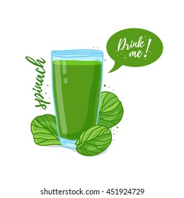 Design Template banner, poster, icons spinach smoothies. Illustration of spinach juice Drink me. Freshly squeezed vegetable herb spinach juice for healthy life. Vector. 