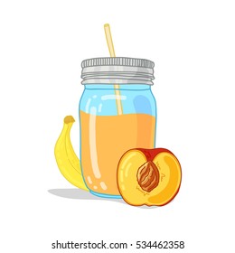 Design Template banner, poster, icons fruit smoothies. Illustration of fruit juice Drink me. Freshly squeezed banana and peach juice for healthy life. A jar of juice in doodle cute style. Vector. 
