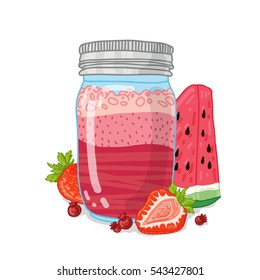 Design Template banner, poster, icons berry smoothies. Illustration of red berry juice Drink me. Freshly squeezed strawberry and watermelon juice for healthy life. Doodle cute style. Vector. 