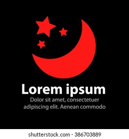 Design Template banner, poster, postcards, cards with the moon and stars. Red moon and stars in a cartoon style on a dark blue background. The poster with the night of the moon and stars. Vector