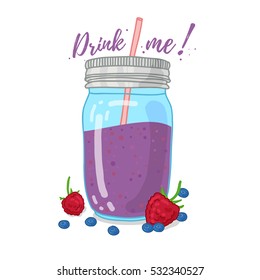 Design Template banner, poster wild berry smoothies. Illustration of berry juice Drink me. Freshly squeezed raspberry and blueberry juice for healthy life. A jar of smoothie in doodle style. Vector. 