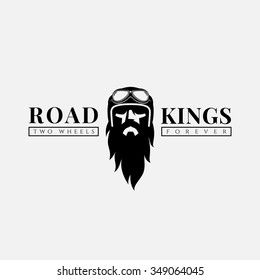 Design template with bearded man in a helmet and goggles for logo, label, t-shirt print, poster, emblem. Vector illustration.