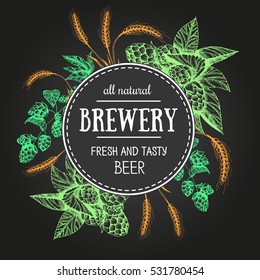 Design template for beer pub. Menu label with barley and hop. Circle concept. Hand-drawn vector illustration