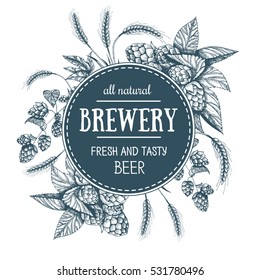 Design Template For Beer Pub. Menu Label With Barley And Hop. Circle Concept. Hand-drawn Vector Illustration