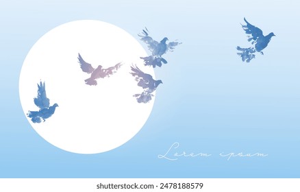 Design template with blue sumi-e style birds flying against a gradient blue sky and a large white sun.