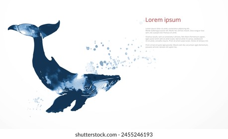 Design template with a blue whale in water splashes and place for your text. Traditional oriental ink painting sumi-e, u-sin, go-hua
