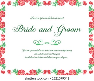 Design template for bride and groom, with abstract red rose flower frame. Vector