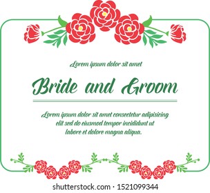 Design template for bride and groom, with abstract red rose flower frame. Vector