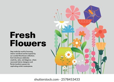 Design template with bright colors geometric shape. Fresh flowers. Poster aesthetic. Floral art. Botanical print.