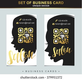 Design Template business card for beauty salon with gold and place below qr code. Silhouette girl with stylish haircut. Fashion business card qr code. Card for barbershop, store accessories, clothing.