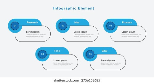 Design template business infographic element. 5 step process presentation, workflow layout, graphic information. Five columns with blue colors and line concept.