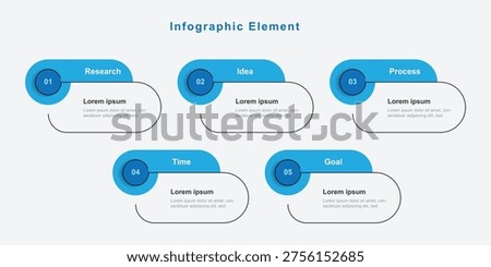 Design template business infographic element. 5 step process presentation, workflow layout, graphic information. Five columns with blue colors and line concept.