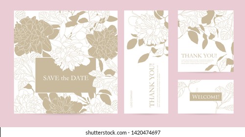 Diseño de plantillas de negocio y tarjetas de invitación con peonías. Un juego de postales con las palabras de gratitud por el hotel, salón de belleza, spa, restaurante, club. Ilustración del vector