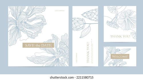 Design template of business and invitation cards with peonies. A set of postcard with the words of gratitude for the hotel, beauty salon, spa, restaurant, club. Vector illustration