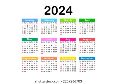 Design template with calendar 2024. Calender layout. Vector illustration.