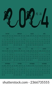 Design of Template calendar 2024 with Dragon silhouette. Monohrome green poster with Draco. Vector illustration. 龙年 - dragon year by chinese language. Symbol 2024 New Year by Chinese luna calendar.