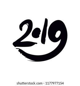 Design template with calligraphy for 2019 New Year. Black number 2019 hand drawn lettering on white background. Vector illustration.