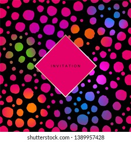 Design template for card, cover, brochure. Bright colored round spots on a black background. 