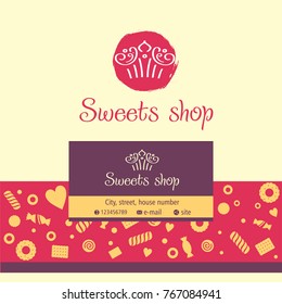 Design template card, logo, flyer for  sweet shop, bakery and pastry menu restaurant, cafe, bakehouse. Art illustration with candy sweetmeat, lollipop and cookie. Sketch vector illustration. 
