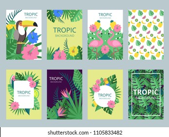 Design template of cards with illustrations of exotic plants, fruits and animals. Vector tropical card vintage with flower nature and fruit