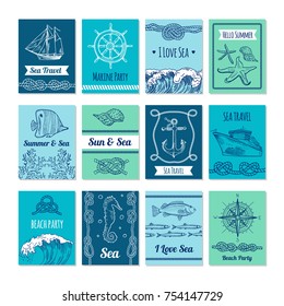 Design template of cards with marine symbols in vector stale. Nautical illustrations with place for your text. Nautical marine card, sea and sun banner