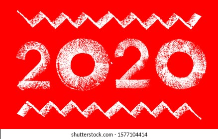 Plantilla de diseño con caligrafía dibujada a mano como tiza para el Año Nuevo 2020. Dígitos blancos 2020 dibujados sobre fondo rojo. Ilustración del vector