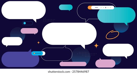 Design template with chat dialogs in an abstract digital space. Text messages. Communication on the internet.