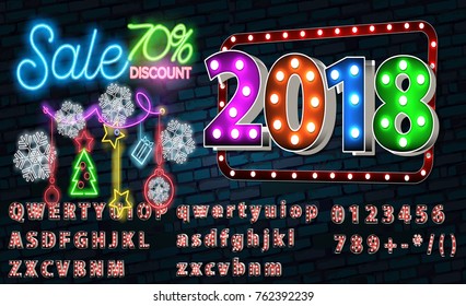 Design template Christmas sale neon sign, bright signboard, light banner. New Year logo, emblem and label. Neon sign creator.