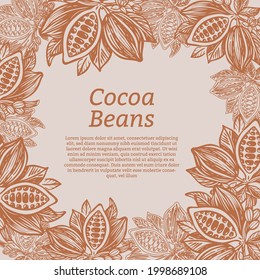 Design template for cocoa packaging. Cocoa beans and leaves. Vector illustration.
