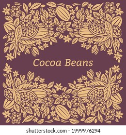 Design template for cocoa packaging. Cocoa beans and leaves. Vector illustration.

