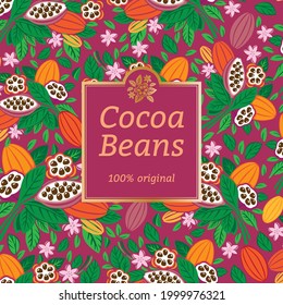 Plantilla de diseño para empaque de cacao. Granos de cacao y hojas. Ilustración vectorial.
