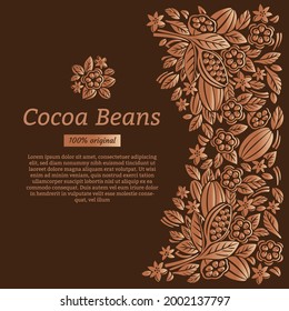 Plantilla de diseño para empaque de cacao. Granos de cacao y hojas. Ilustración vectorial.
