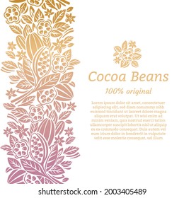 Plantilla de diseño para empaque de cacao. Granos de cacao y hojas. Ilustración vectorial.
