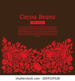 Design template for cocoa packaging. Cocoa beans and leaves. Vector illustration.