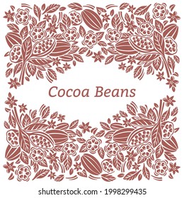 Design template for cocoa packaging. Cocoa bonen and leaves. Vector illustration.