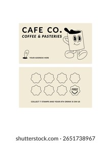Modelo de design de cartão de fidelidade de cafeteria. Cupom de desconto para carimbos de cobrança. Cartão de fidelidade para cafeteria ou café