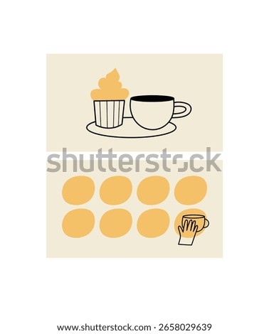 Design template of coffee shop loyalty card. Discount coupon for collection stamps. Loyalty card for cafeteria or cafe